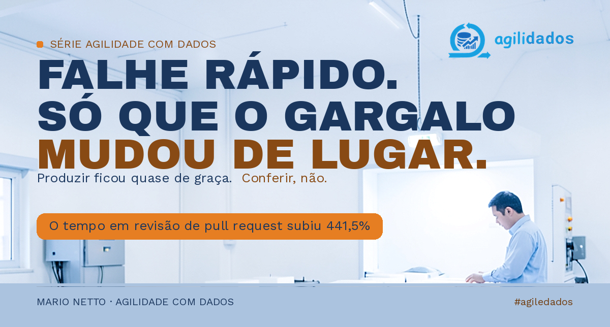 Err@r rápido na era da GenAI — headline em caixa alta sobre foto clara de um posto de conferência com esteira de itens idênticos, na série Agilidade com Dados, com a marca AgileDados no canto.
